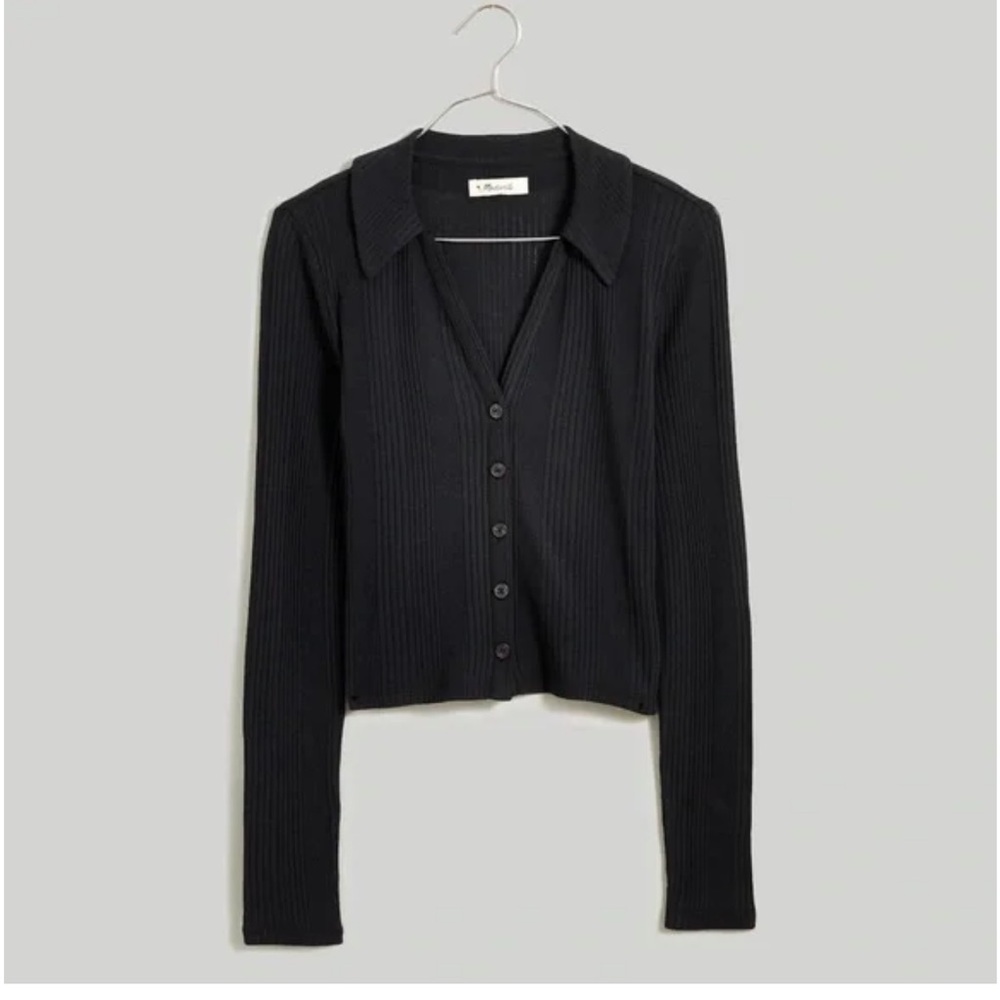 Madewell Black Ribbed V Neck Collared Top